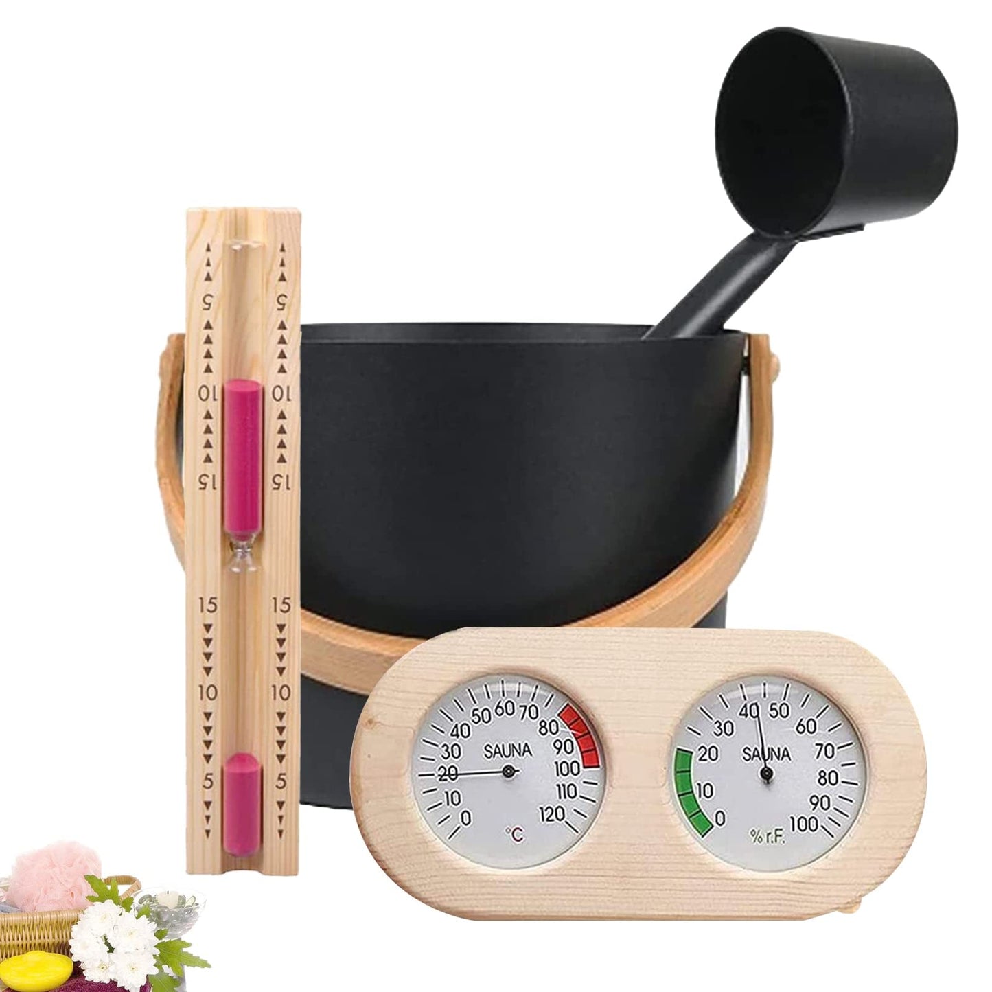 Sauna Komplett-Set 4-teilig – Eimer, Kelle, Thermometer & Sanduhr