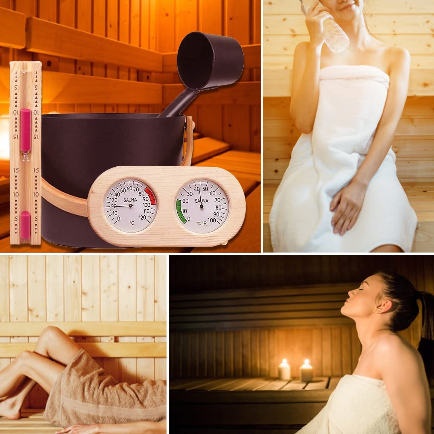 Sauna Komplett-Set 4-teilig – Eimer, Kelle, Thermometer & Sanduhr