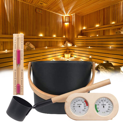 Sauna Komplett-Set 4-teilig – Eimer, Kelle, Thermometer & Sanduhr