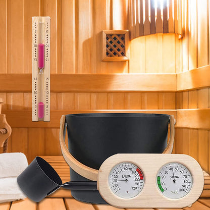 Sauna Komplett-Set 4-teilig – Eimer, Kelle, Thermometer & Sanduhr