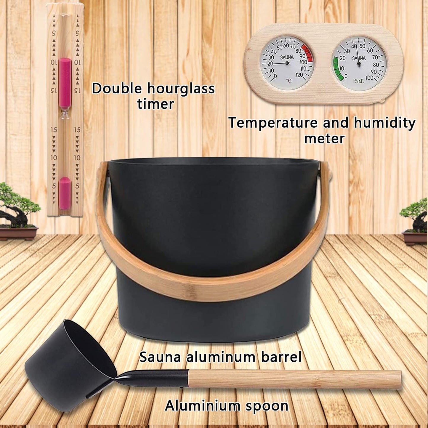 Sauna Komplett-Set 4-teilig – Eimer, Kelle, Thermometer & Sanduhr