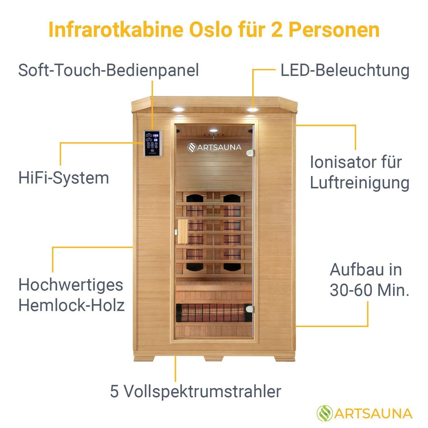 Artsauna Infrarotkabine Oslo – Vollspektrum, 2 Personen, Hemlockholz