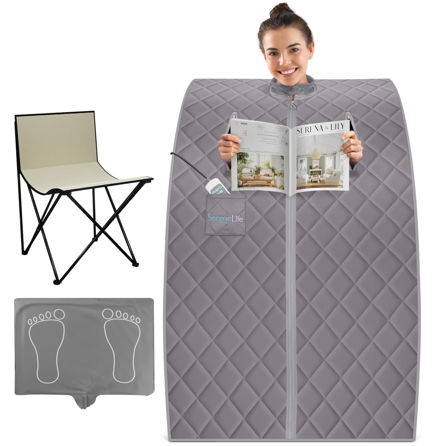 SereneLife Dampfsauna Zelt Grau, faltbar, bis 60 °C, 70×80×98 cm