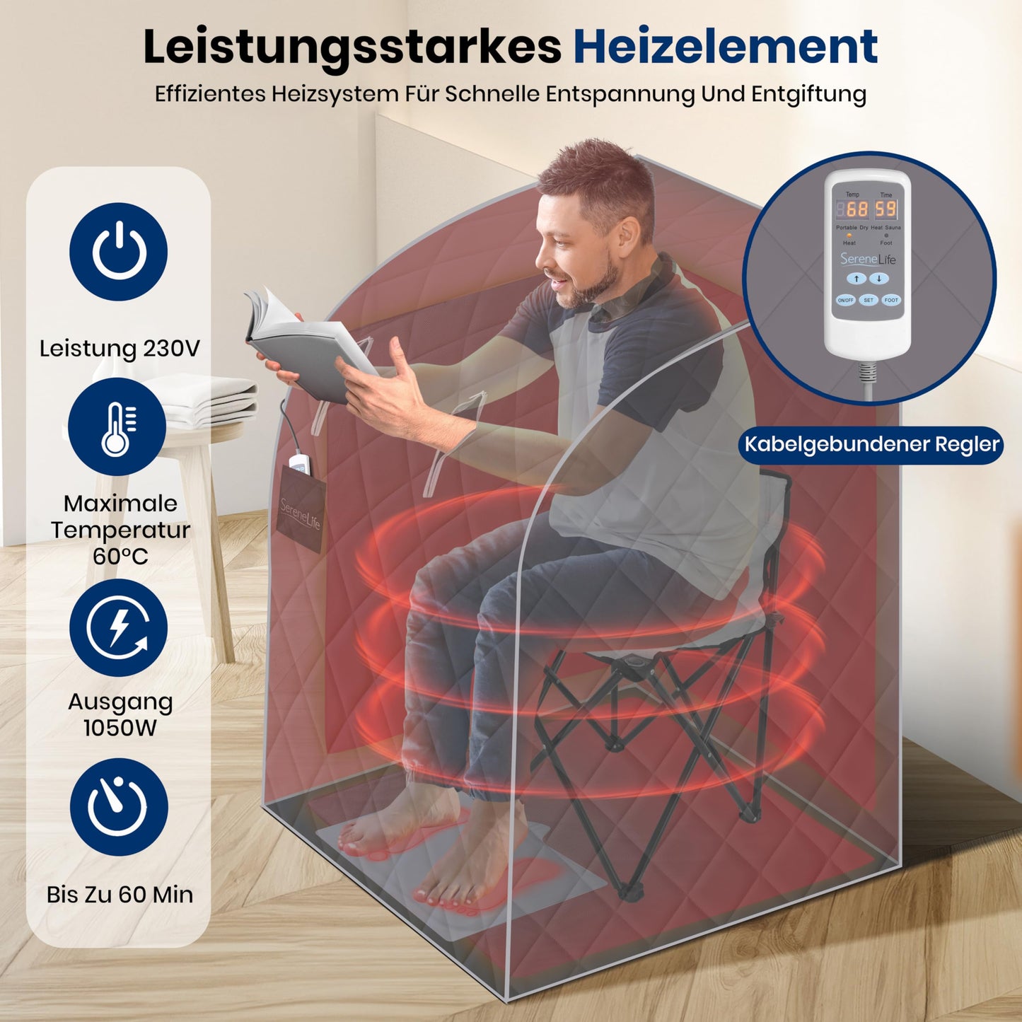 SereneLife Dampfsauna Zelt Grau, faltbar, bis 60 °C, 70×80×98 cm