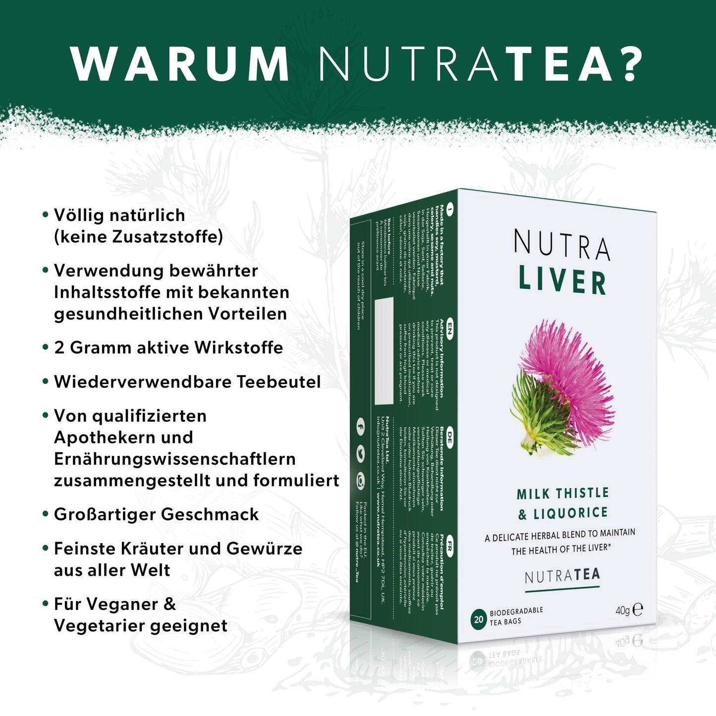 Nutra Tea NUTRALIVER - Detox Tee zum Entgiften der Leber, trägt zur Unterstützung der Leber & gesunde Verdauung bei, 20 wiederverwendbare Teebeutel, Leber Tee mit Mariendistel & Lakritz - (1 Packung)