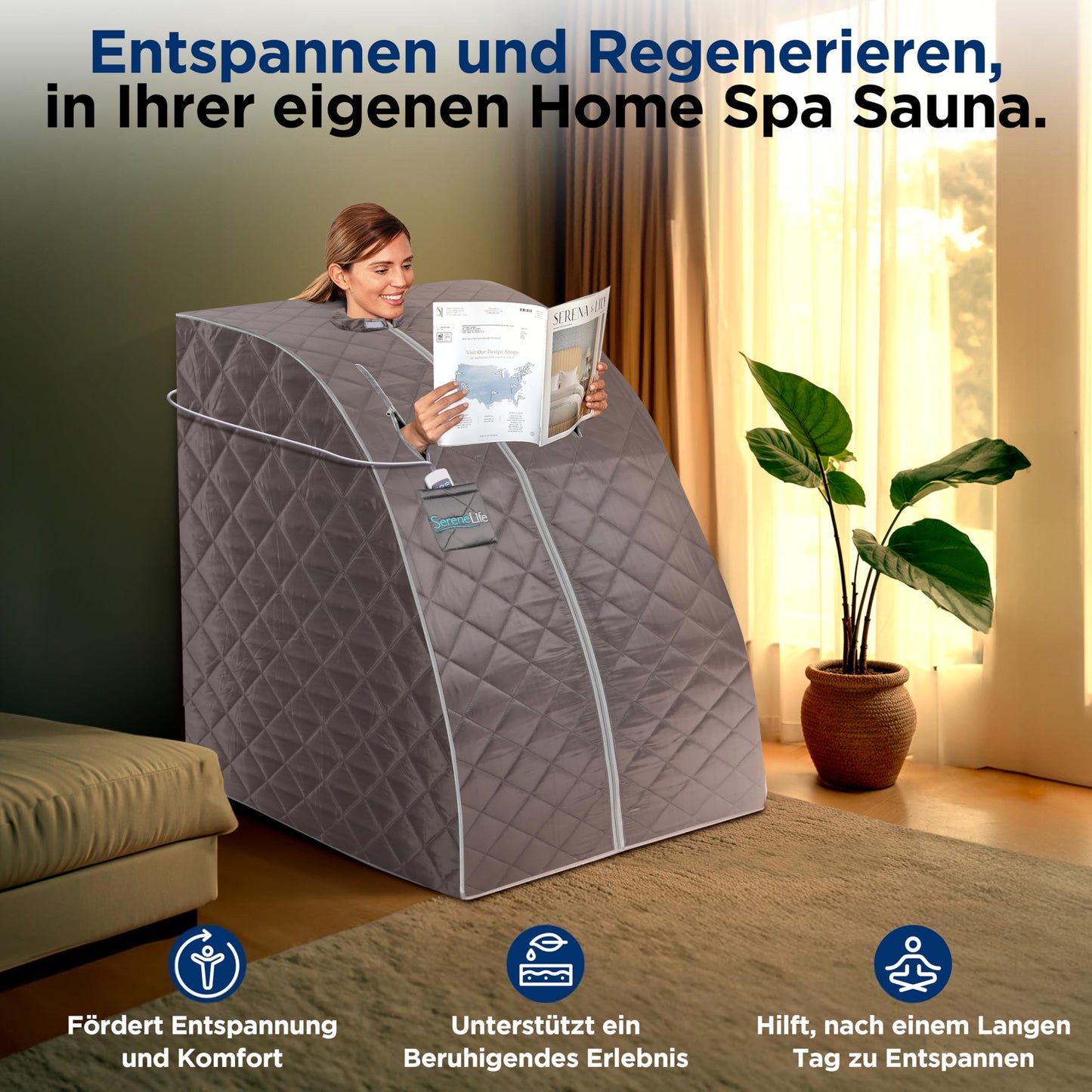 SereneLife Dampfsauna Zelt Grau, faltbar, bis 60 °C, 70×80×98 cm