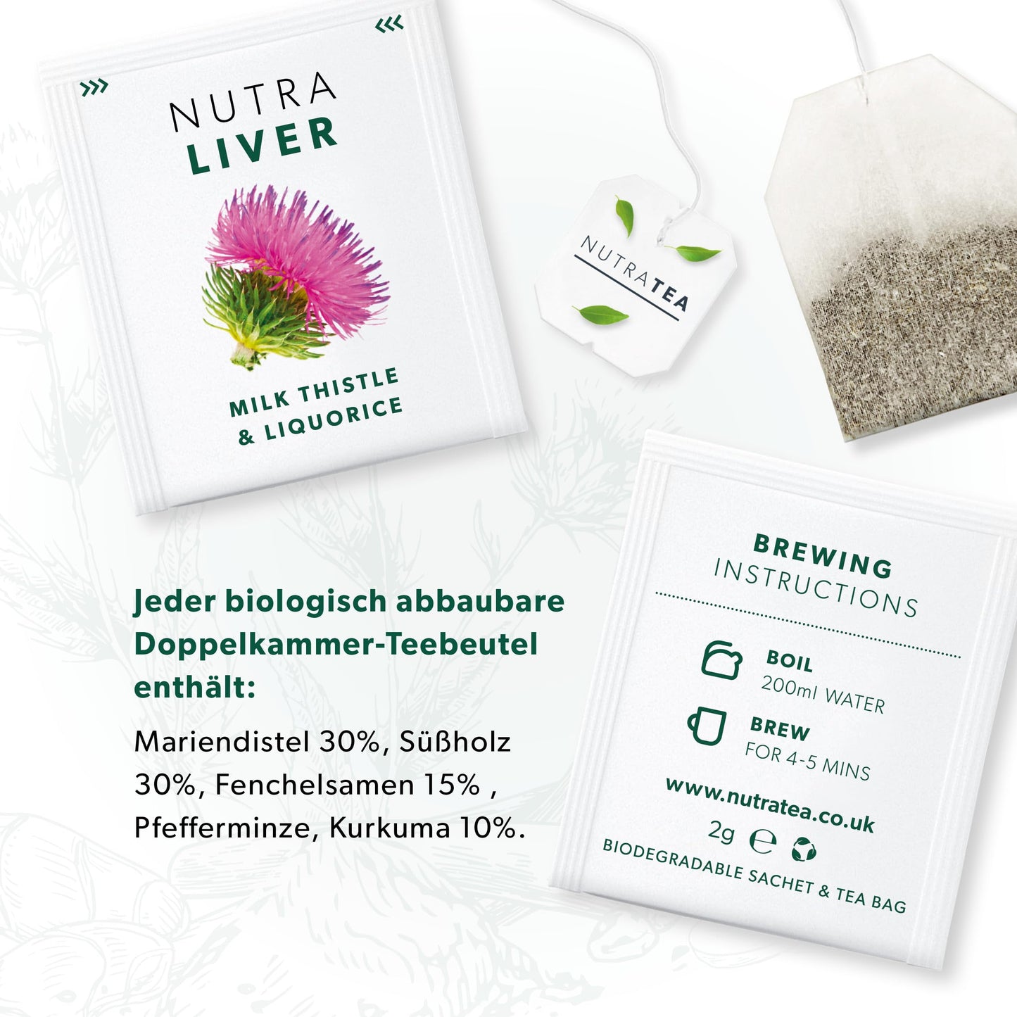 Nutra Tea NUTRALIVER - Detox Tee zum Entgiften der Leber, trägt zur Unterstützung der Leber & gesunde Verdauung bei, 20 wiederverwendbare Teebeutel, Leber Tee mit Mariendistel & Lakritz - (1 Packung)