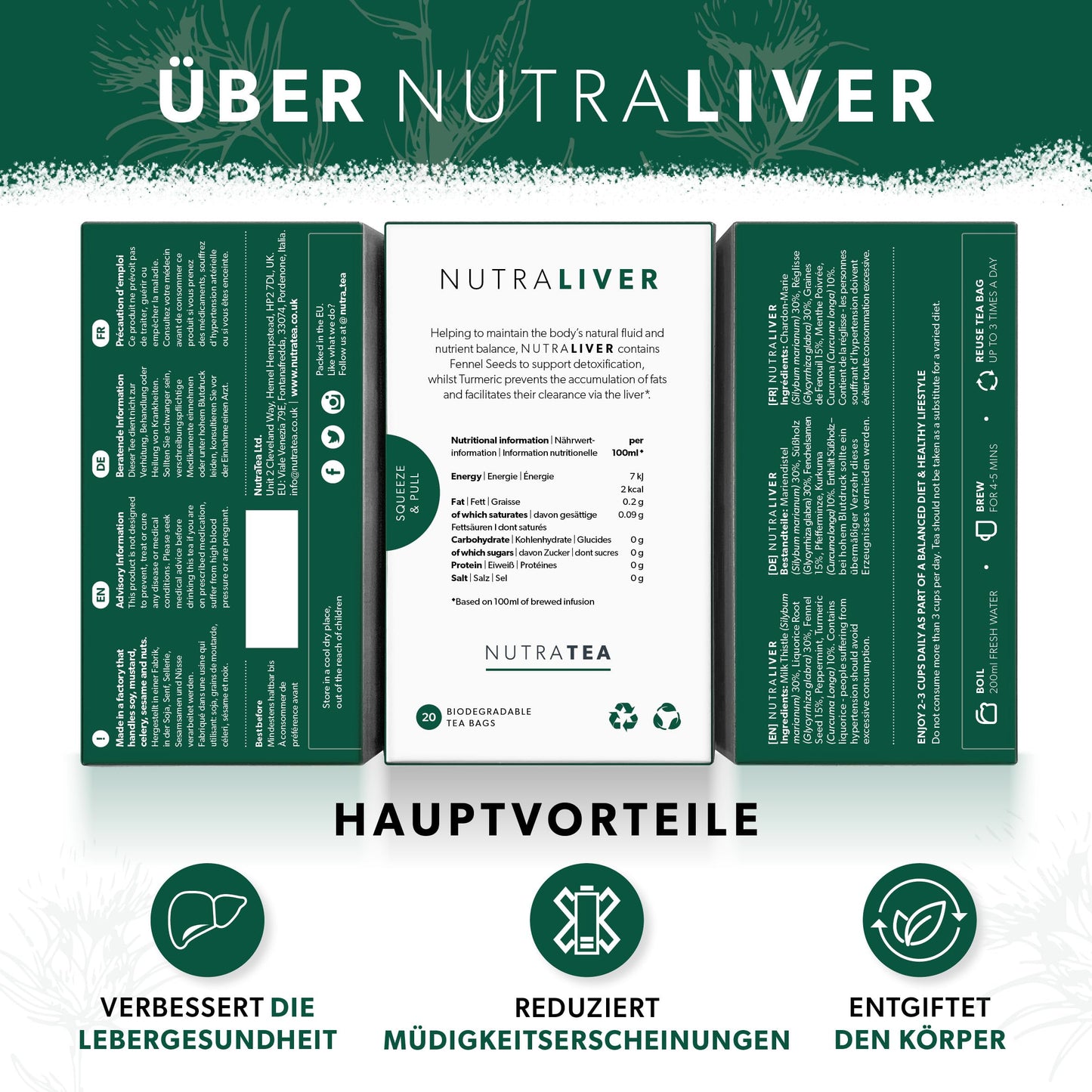 Nutra Tea NUTRALIVER - Detox Tee zum Entgiften der Leber, trägt zur Unterstützung der Leber & gesunde Verdauung bei, 20 wiederverwendbare Teebeutel, Leber Tee mit Mariendistel & Lakritz - (1 Packung)