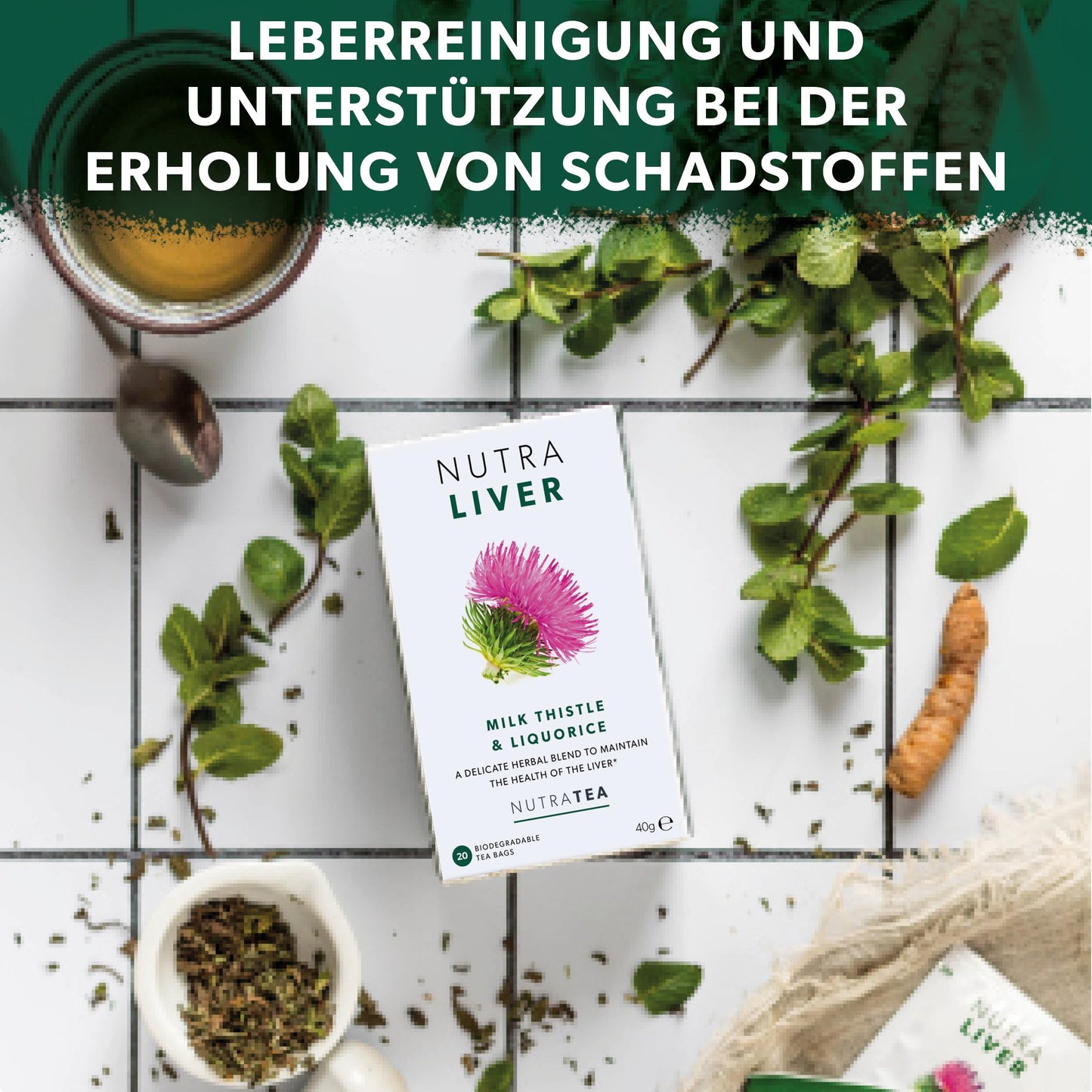 Nutra Tea NUTRALIVER - Detox Tee zum Entgiften der Leber, trägt zur Unterstützung der Leber & gesunde Verdauung bei, 20 wiederverwendbare Teebeutel, Leber Tee mit Mariendistel & Lakritz - (1 Packung)