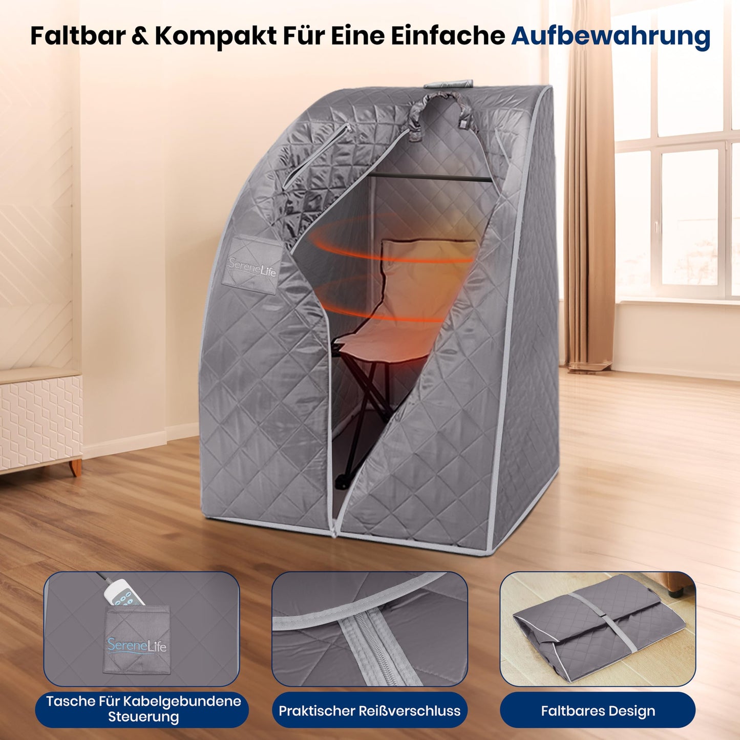 SereneLife Dampfsauna Zelt Grau, faltbar, bis 60 °C, 70×80×98 cm